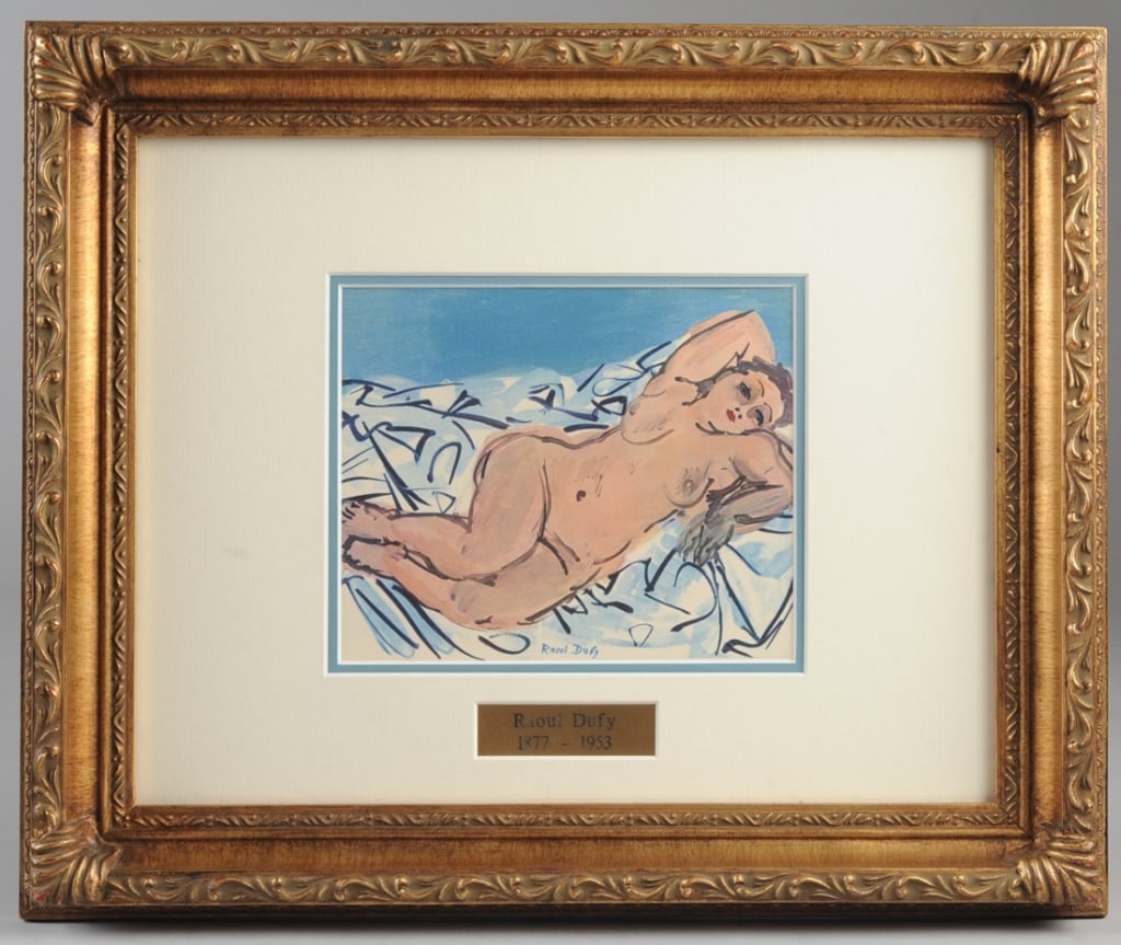 Raoul Dufy (1877-1953) Nude Heliogravure: Heliogravure after an original drawing of a female nude reclining on a rumpled bed, by French artist Raoul Dufy, published by Librairie Floury, Paris, 1930. Frame, approx. 17" x 14". Sight, approx. 7"