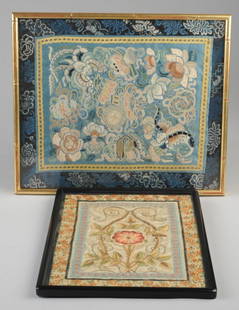 Two Antique Embroideries, Chinese: Qing or Republic period Chinese embroidery with butterflies and auspicious objects in 'forbidden' and satin stitch, mounted with silk brocade borders, faux bamboo frame, offered together with what app