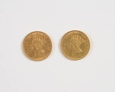 US 1862 & 1857 Indian Head 1 Dollar Gold Coins: No case / in as-found condition. Each coin weighs: approx. 1.6 grams, total weight of lot: approx. 3.3 grams.