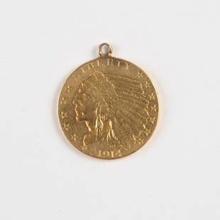 US 1914 2 1/2 Dollar Indian Head Gold Coin: With added loop for wearing as a pendant, no case / in as-found condition. Weight: approx. 4.2 grams.