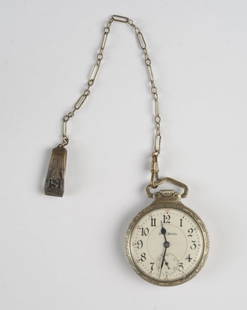 Illinois Sangamo Pocket Watch: Movement marked Sangamo Illinois Watch Co. with serial number 2042358, 21 ruby jewels, double roller, runs and stops. Dia: approx. 1 3/4", L: approx. 2" from top to bottom.