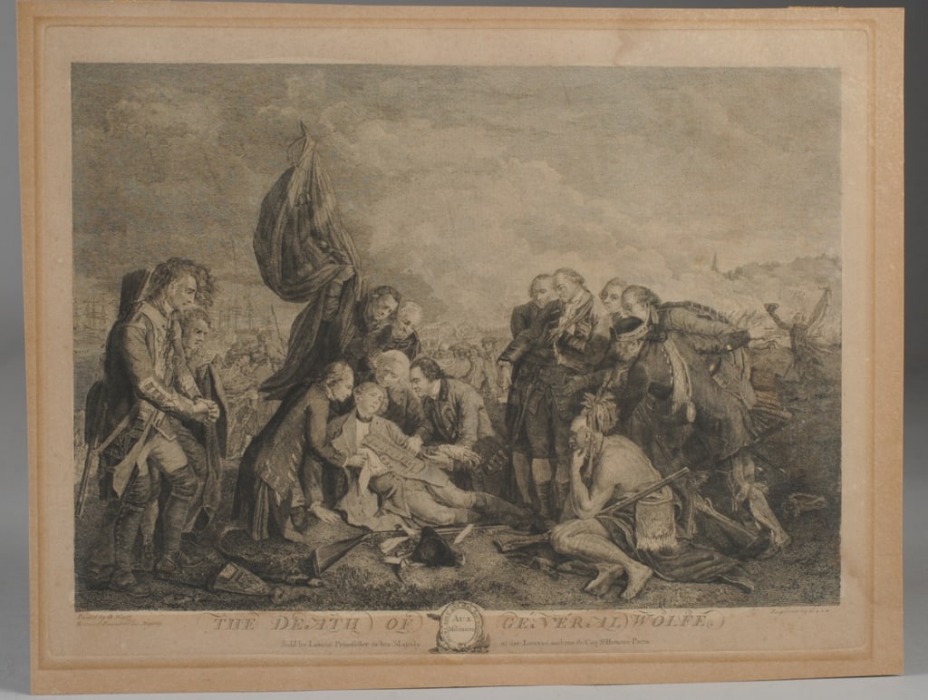 Death of General Wolfe Engraving after West: Antique engraving after Benjamin West's "The Death of General Wolfe", engraved by "G***". Some discoloration. Approx. 14 3/4" x 11 1/4".