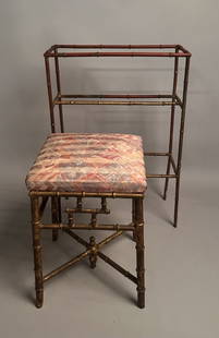 Vintage Painted Metal Faux Bamboo Stool + Rack: Stool and quilt rack, stool with possibly later-added upholstered seat. H: approx. 31 1/4" . W: approx. 22". D: approx. 10". Stool: H with seat approx. 20", W: approx. 14 1/2", D: approx. 14 1/2".