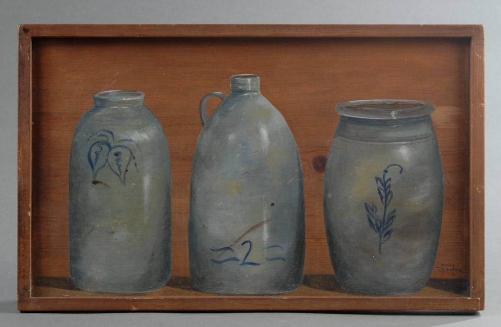 Signed Oil on Board Still Life, Stoneware Crocks (1 of 5)