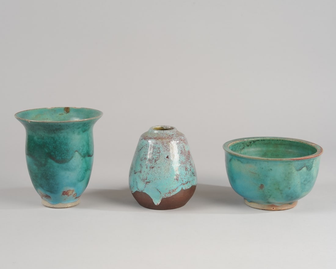 Three Pcs. Jugtown Chinese Blue Pottery (chips) (1 of 10)