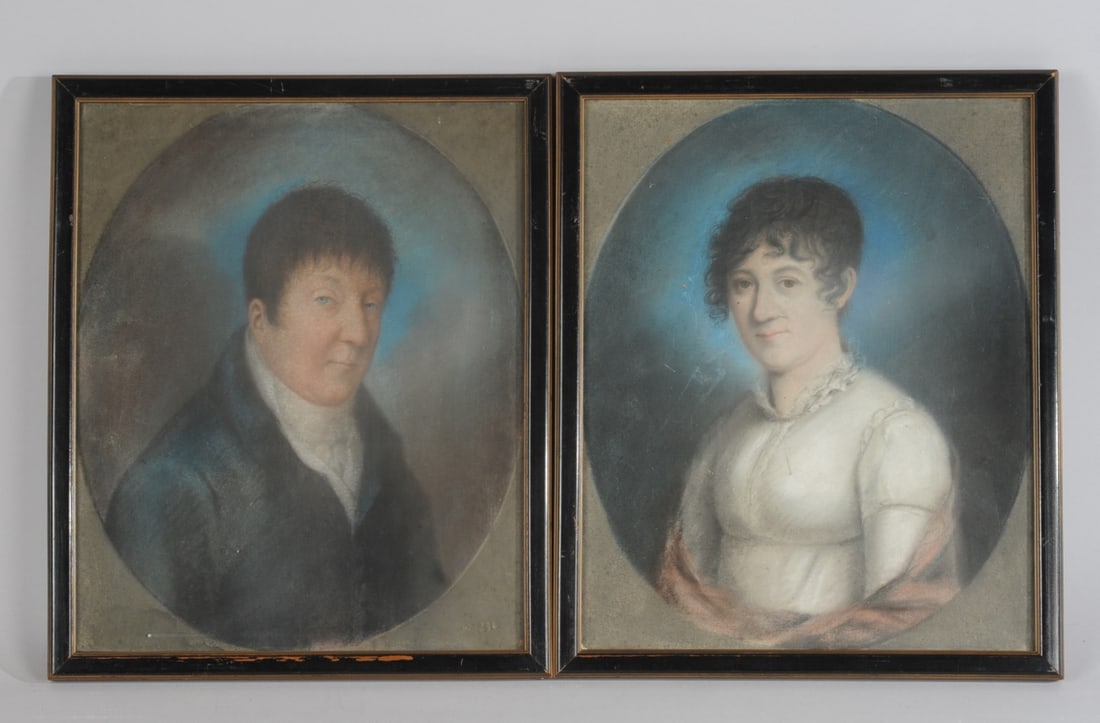 c1820 Pastel Portraits Husband & Wife: Finely executed pastel portraits on paper of a youngish husband and wife, early 19th C. No signature found. Partial tag on the back of one frame has an old handwritten label what appears to read "Cran