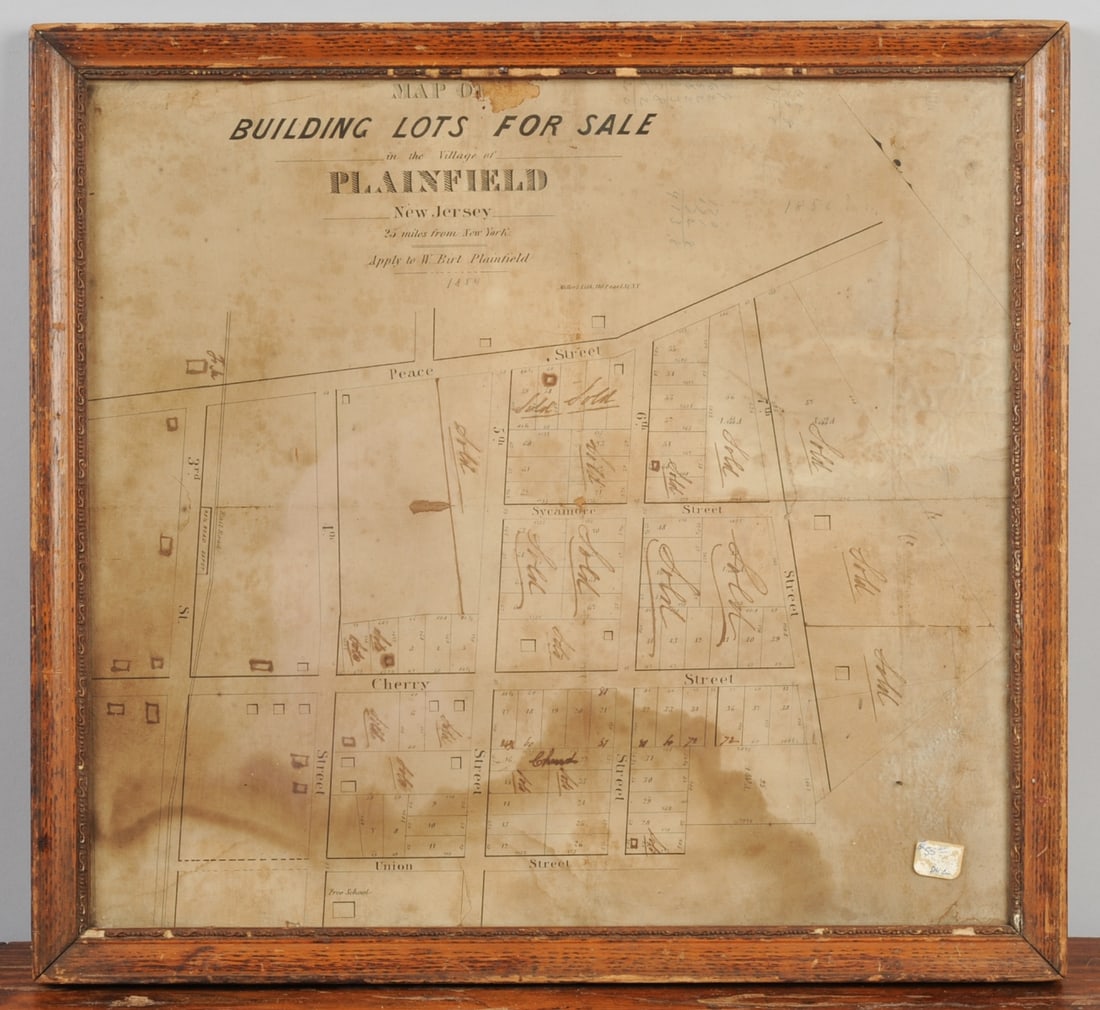1854 Plainfield, NJ Map of Building Lots For Sale: "MAP OF BUILDING LOTS FOR SALE IN THE VILLAGE OF PLAINFIELD, NEW JERSEY, 25 MILES FROM NEW YORK. APPLY TO W. BIRT, PLAINFIELD" The map showing lots roughly bounded by Peace St., 7th St., Union St., an
