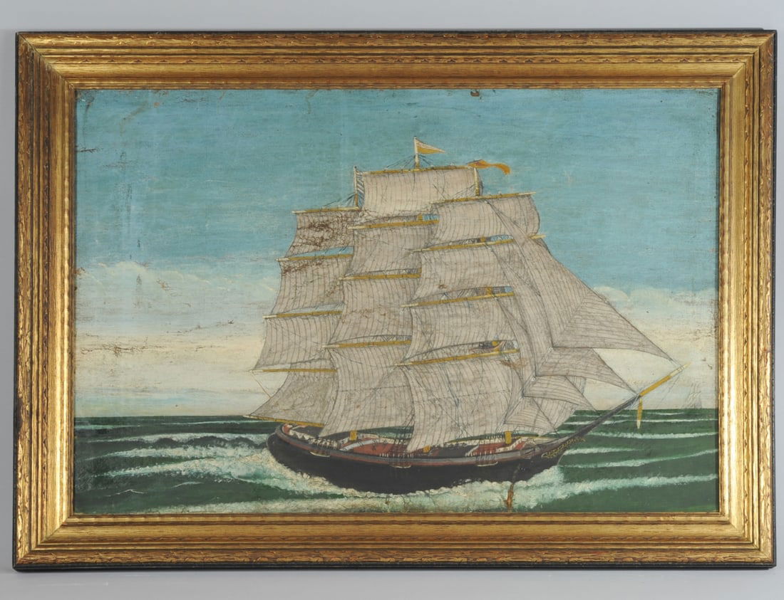 19th C. Folk Marine Painting: Large oil on canvas with terrific color, showing a clipper ship on a dark green sea beneath a bright blue sky. Somewhat folk / naive style but with focused attention to detail, especially the sails an