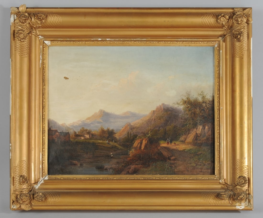 (after) Barend Cornelis Koekkoek (1803-1862): 19th C. oil on linen after "Landscape with a Way" by important Dutch landscape painter Barend Cornelis Koekkoek. Very finely executed, possibly by one of Koekkoek's students. No signature found. Back 