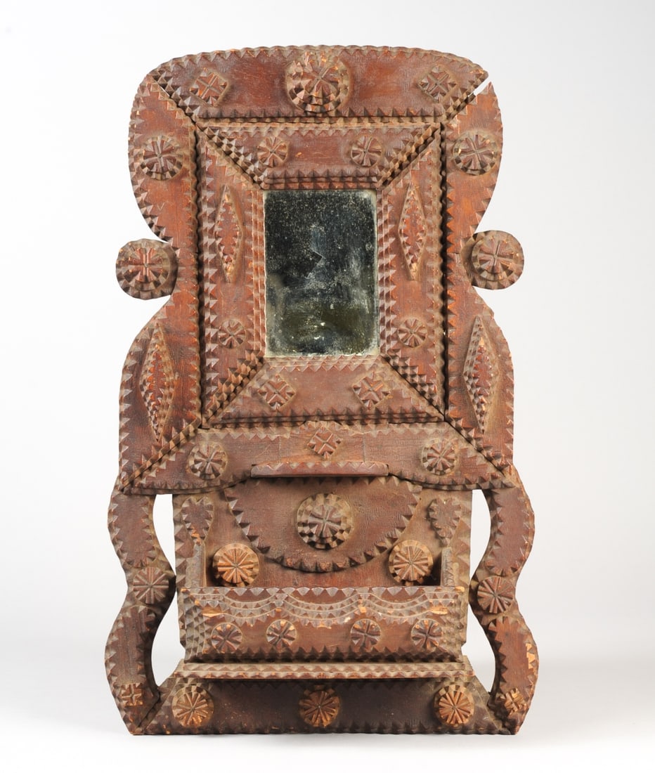 19th C. Tramp Art Mirror with Comb Box (1 of 7)