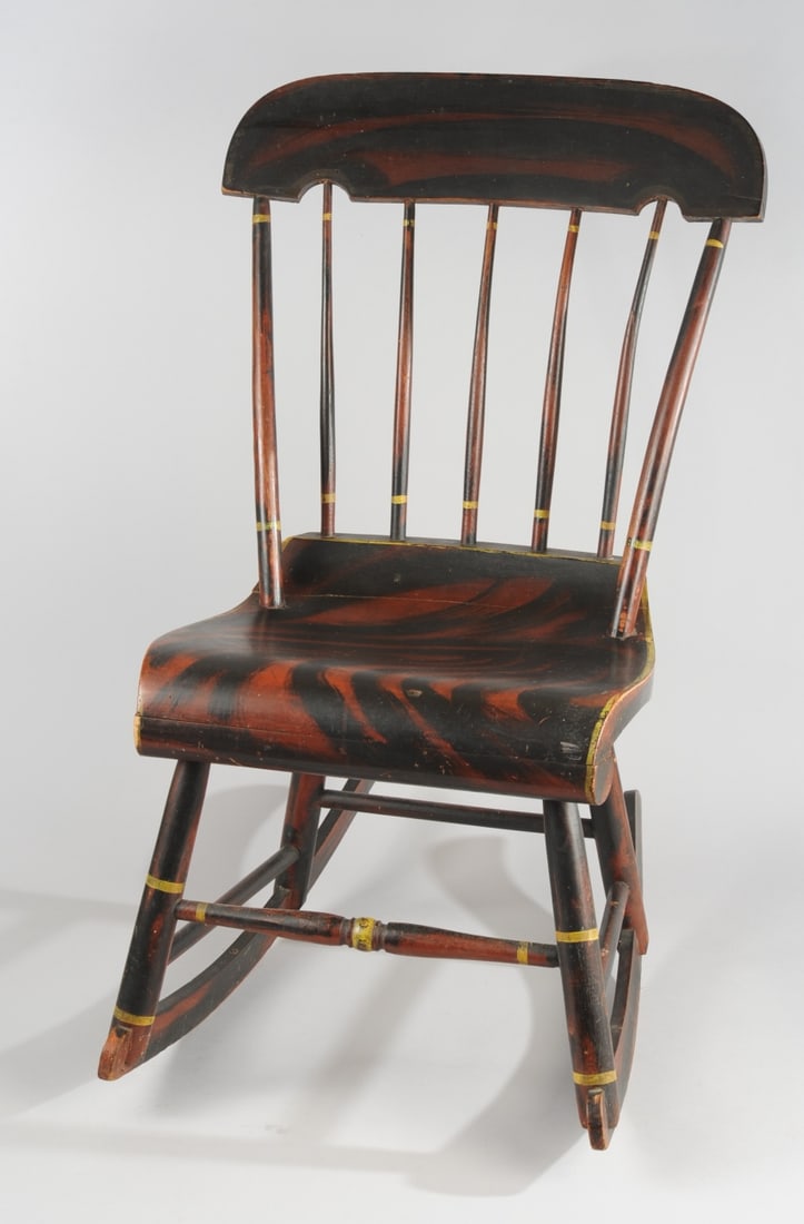 19th C. Maine Paint Decorated Rocking Chair: Circa 1830, poplar / mixed wood, minor spots of discoloration / staining / paint loss.H: approx. 33". Provenance: the estate of John Long, highly regarded Virginia antiques dealer and collector.