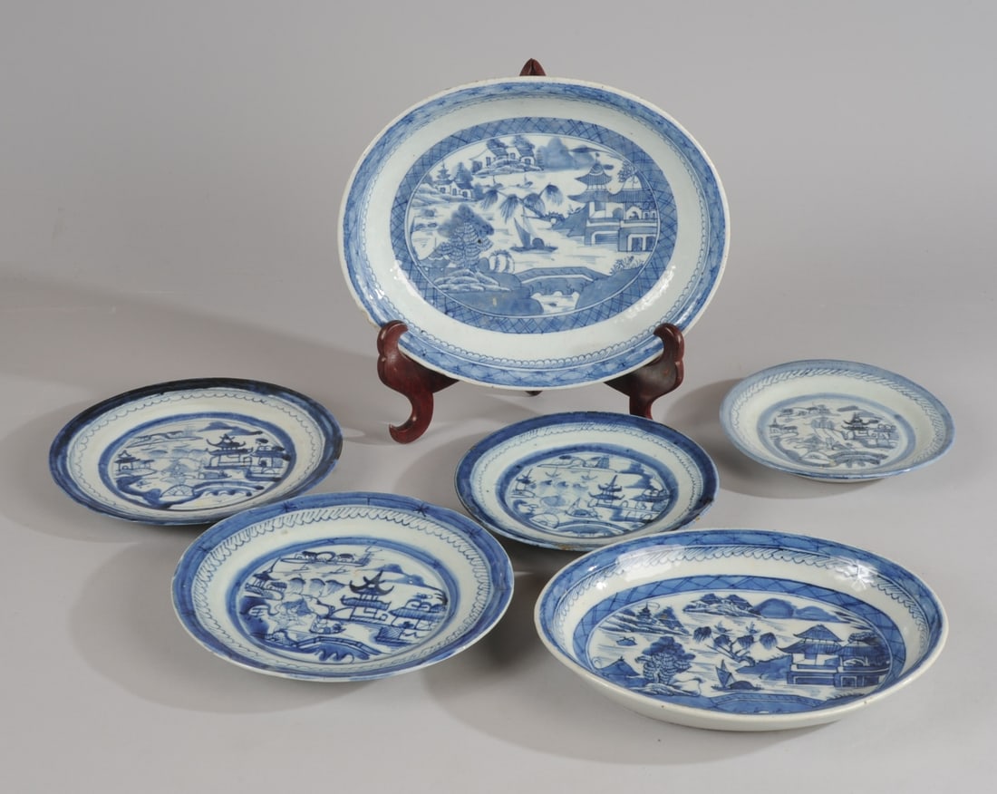 Lot 19th C. Chinese Canton Blue & White (1 of 9)