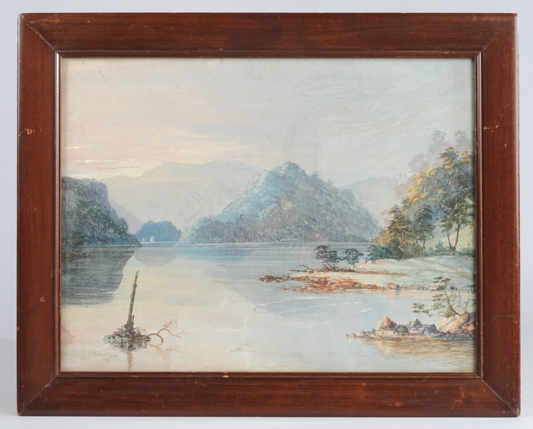 Louis Frank (1879-1900): 1881 gouache waterside landscape painting by Australian artist Louis Frank. Likely a scene in New South Wales. Signed and dated lower left. Frame, approx. 22 3/4" x 18 1/4". Sight, approx. 18 3/4" x 1
