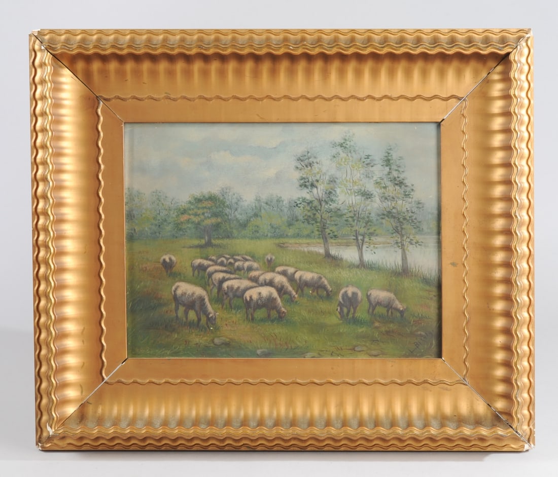 19th C. American Oil Painting Pastoral w/ Sheep (1 of 8)