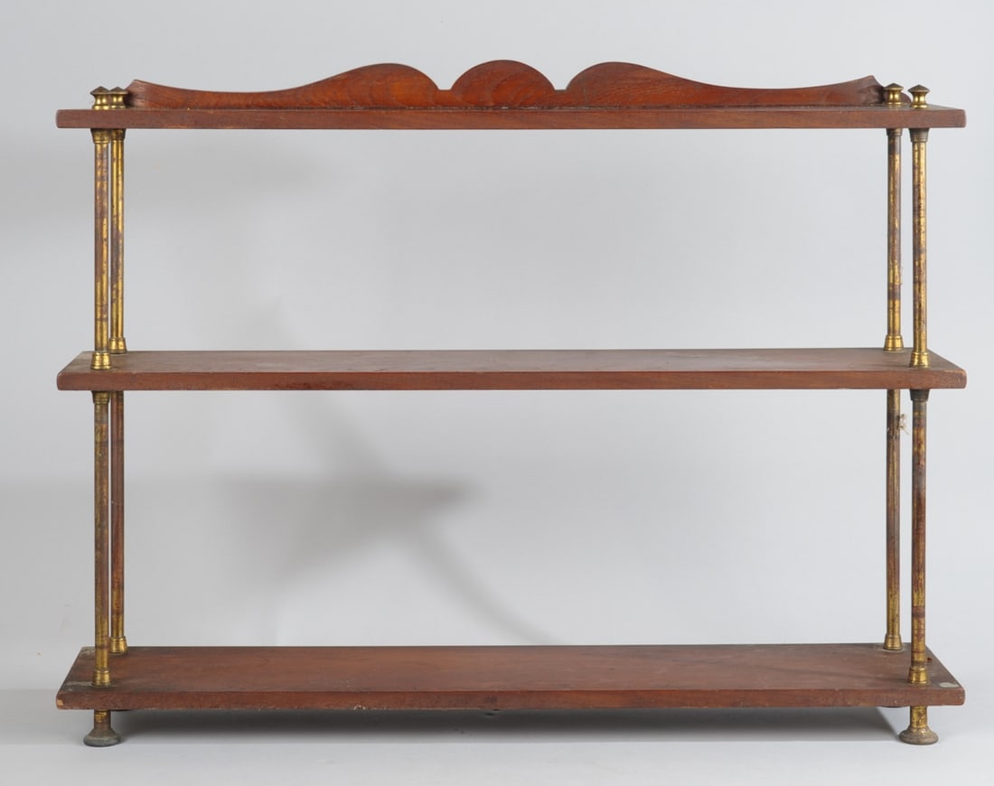 Diminutive Brass & Wood Rack / Shelf: Some rust, minor staining and discoloration.H: approx. 24".W: approx. 31 3/4".D: approx. 6 7/8".Provenance: the estate of John Long, highly regarded Virginia antiques dealer and collector.
