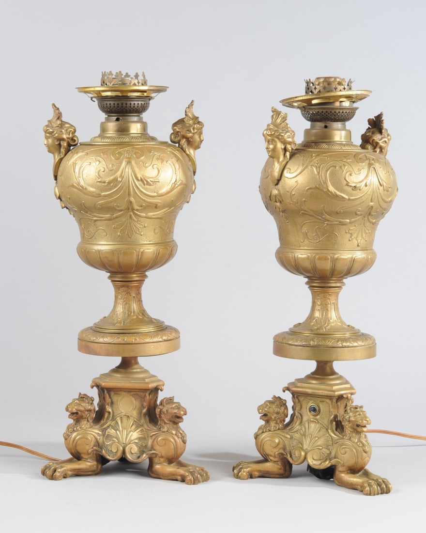 Pair 19th C. Gilt Bronze Oil Lamps (1 of 10)