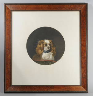 Cav. King Charles Spaniel, Edwin H. Landseer: Hand colored engraving after Sir Edwin Henry Landseer (1802-1873) captioned "Fairy, Landseer's Favorite Spaniel" and showing a round portrait of a Blenheim Cavalier King Charles Spaniel with a blue ri