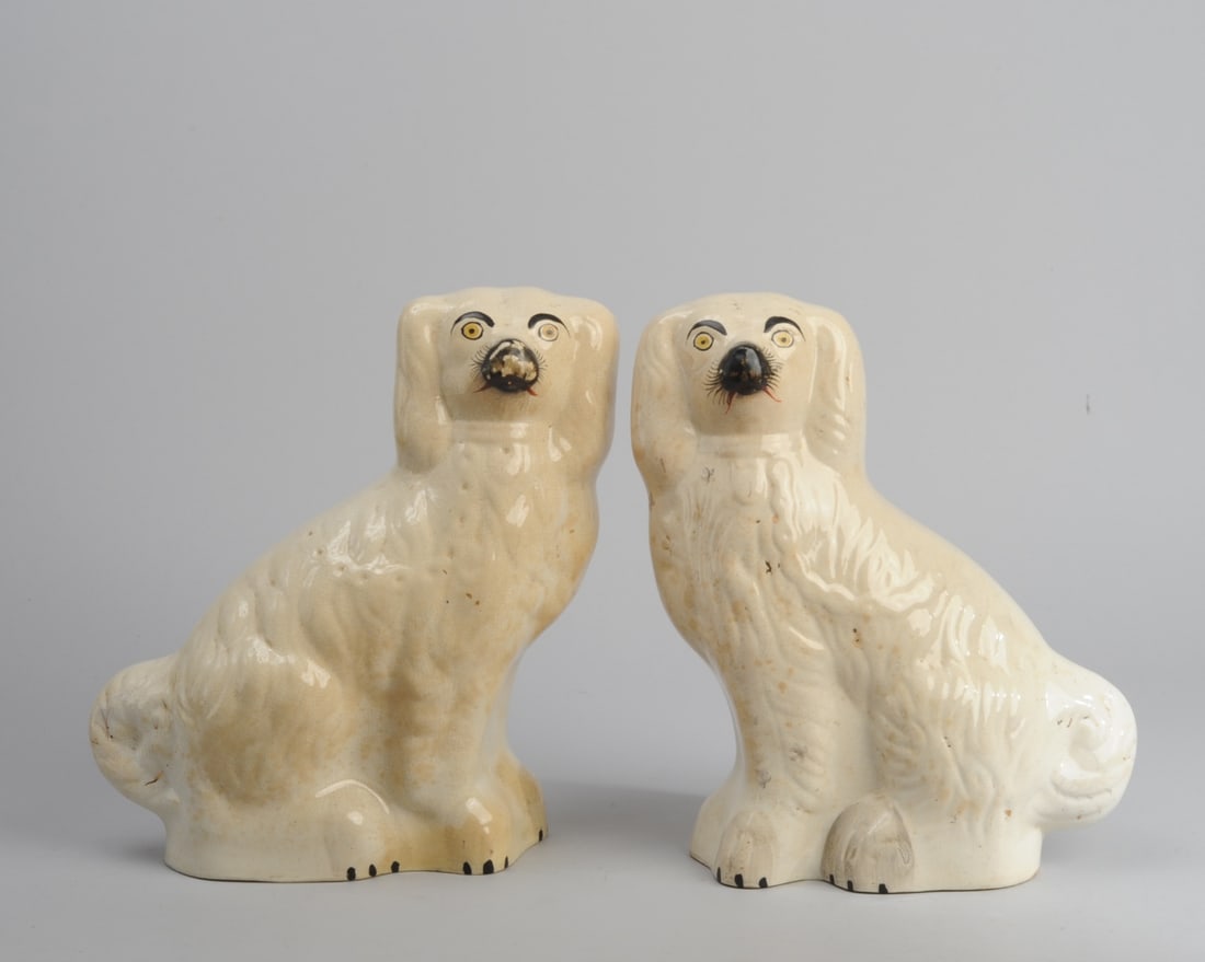 Pair Vintage Repro Staffordshire Style Mantle Dogs: Pair of slip cast spaniels in Staffordshire style, with painted detail, allover craquelure. One with areas of paint loss to nose. Approx. 12" H.