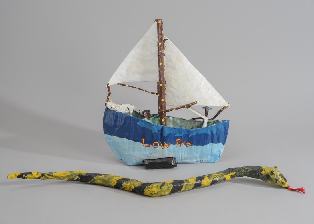 Mary E. "Mama Girl" Onley (Virginia, 1954-2018): Two folk art paper mache creations by Mary E. Onley, AKA 'Mama Girl', beloved African American pastor and paper and paint artist from the Eastern Shore, Virginia community of Painter. The first piece 