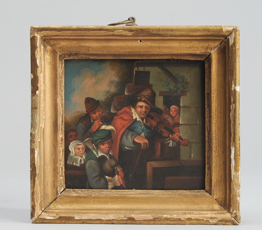 After Christian Wilhelm Ernst Dietrich: Small oil on board painting of a musician and followers in front of a tavern, after Christian Wilhelm Ernst Dietrich (Germany, 1712 - 1774.) Probably 19th - early 20th C. In gilt wood frame. Minor los
