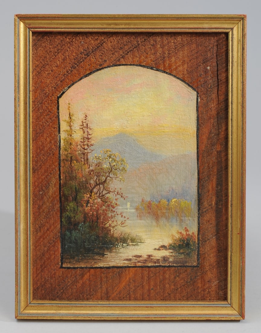 Small Oil on Wood Panel River Landscape: Late 19th - early 20th C. oil on wood painting of a river at sunset with autumn trees, mountains in the distance, and a pink and gold sky. In the style of the Hudson River School, but miniature. Accor