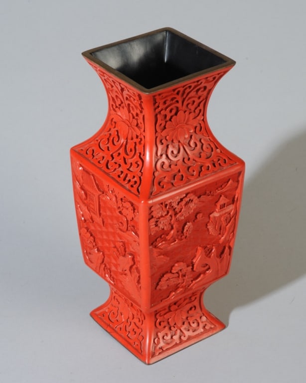Chinese Carved Cinnabar Lacquer Square Vase (1 of 4)