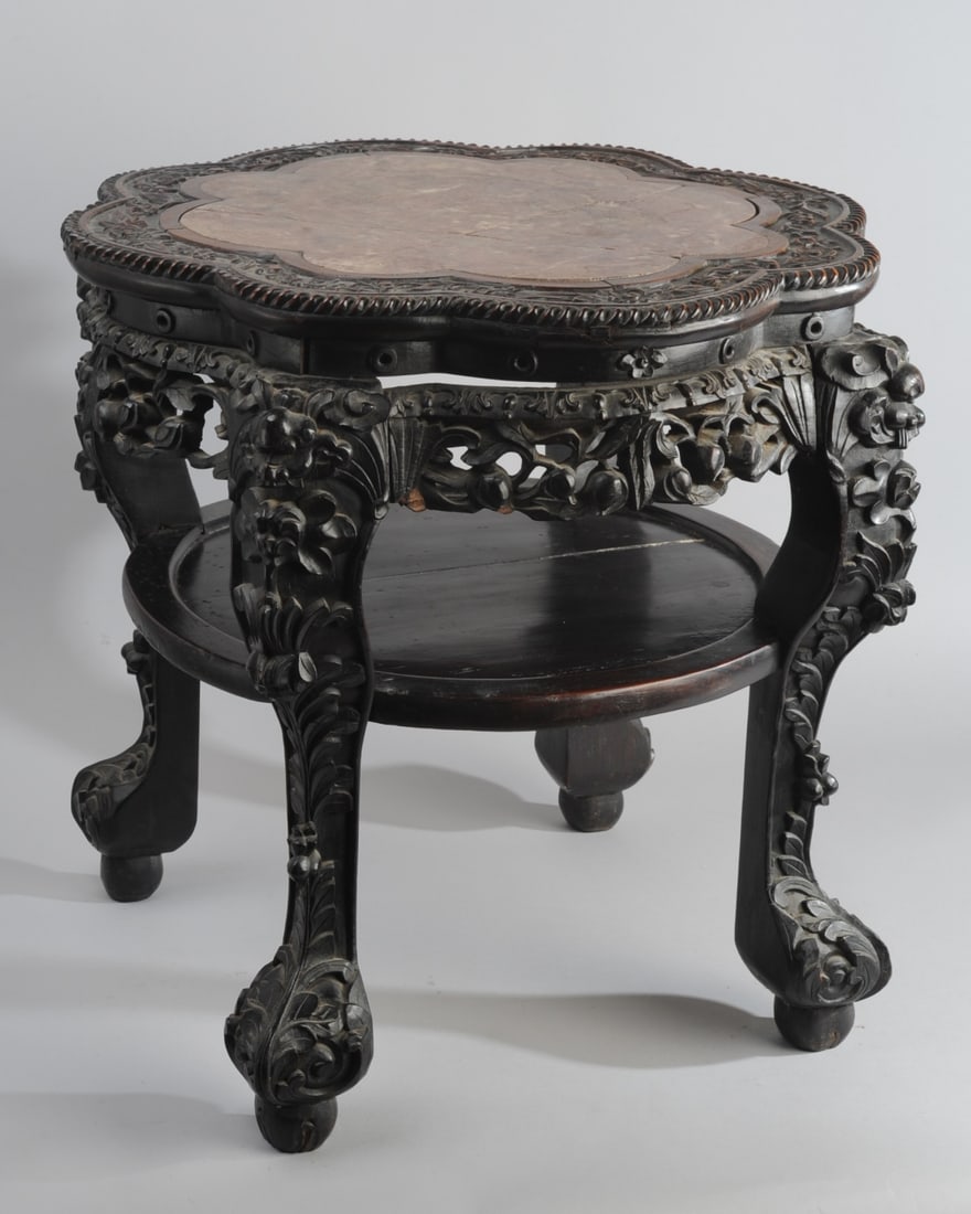 19th C. Chinese Marble Top Carved Rosewood Table (1 of 11)