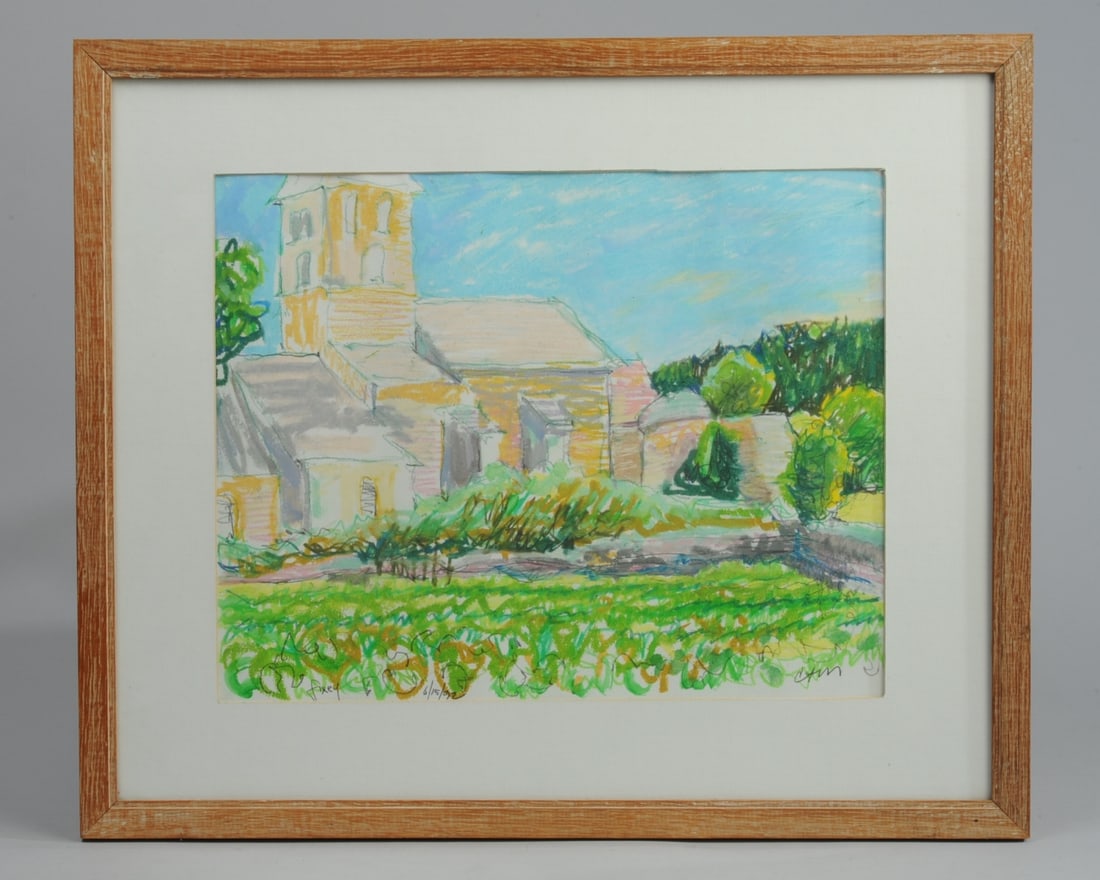 C. Abbott Meader (b. 1935) Mixed Media on Paper: The 10th century church at Fixey, Bourgogne by Maine artist and Colby College art studio instructor Charles Abbott Meader (b. 1935). Signed lower right with initials CAM, dated 6/15/92 and identified