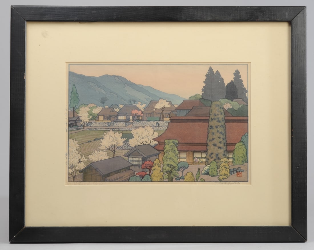 Toshi Yoshida Woodblock Village of Plums: 1951 woodblock print "Village of Plums" by Toshi Yoshida (1911 - 1995). Pencil signed lower right, titled lower left, artist's seal lower right. Minor creases. Matted and framed. Visible image: approx