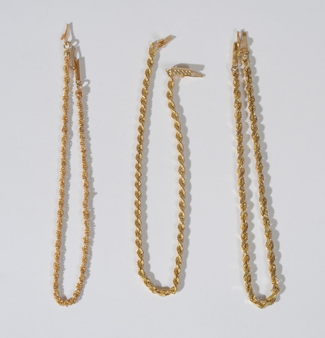 Three 14K Yellow Gold Rope Chain Bracelets: Each L: approx. 8". Total weight: approx. 11.4 grams.