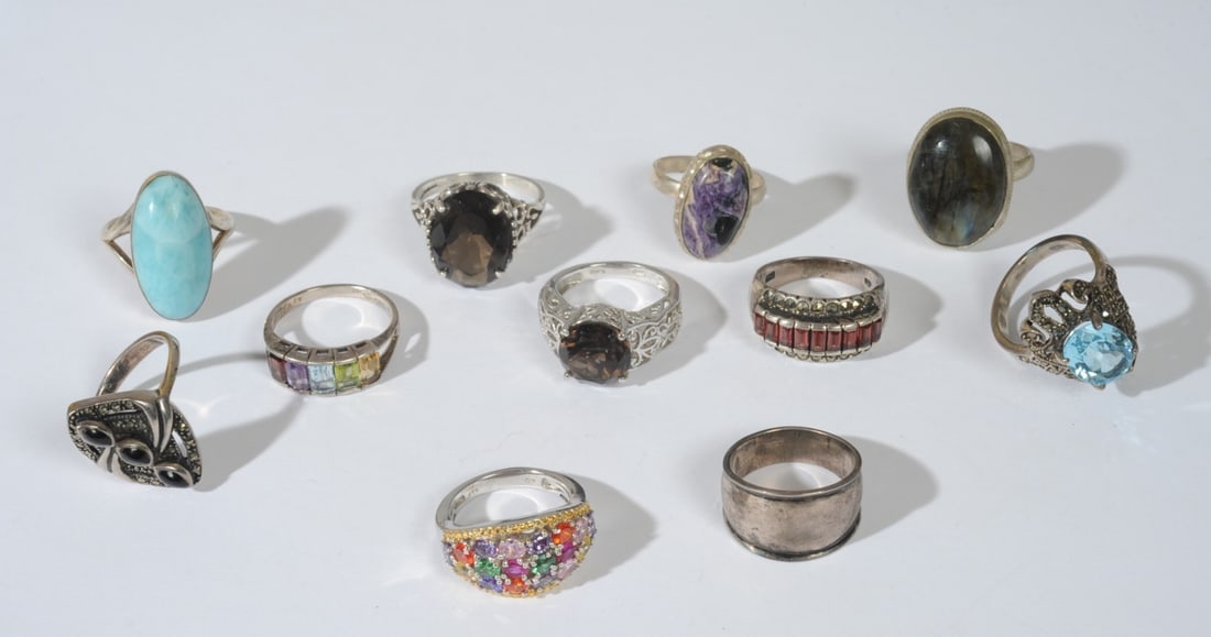 11 Sterling Silver Ring: Various sizes, makers and marks, some with gemstones, all in as-found condition.