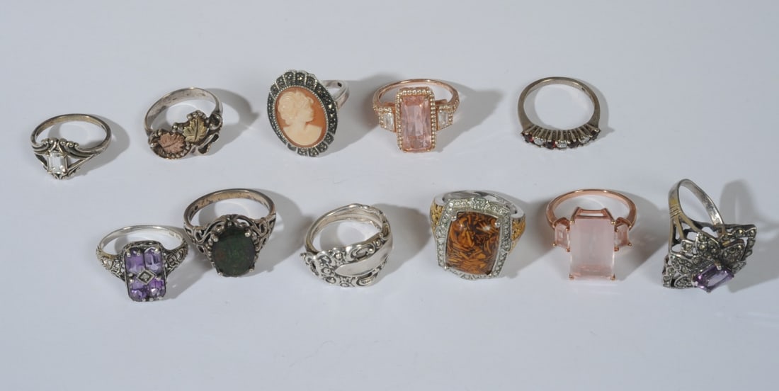 11 Sterling Silver Rings: Various sizes, makers and marks, some with gemstones, all in as-found condition.