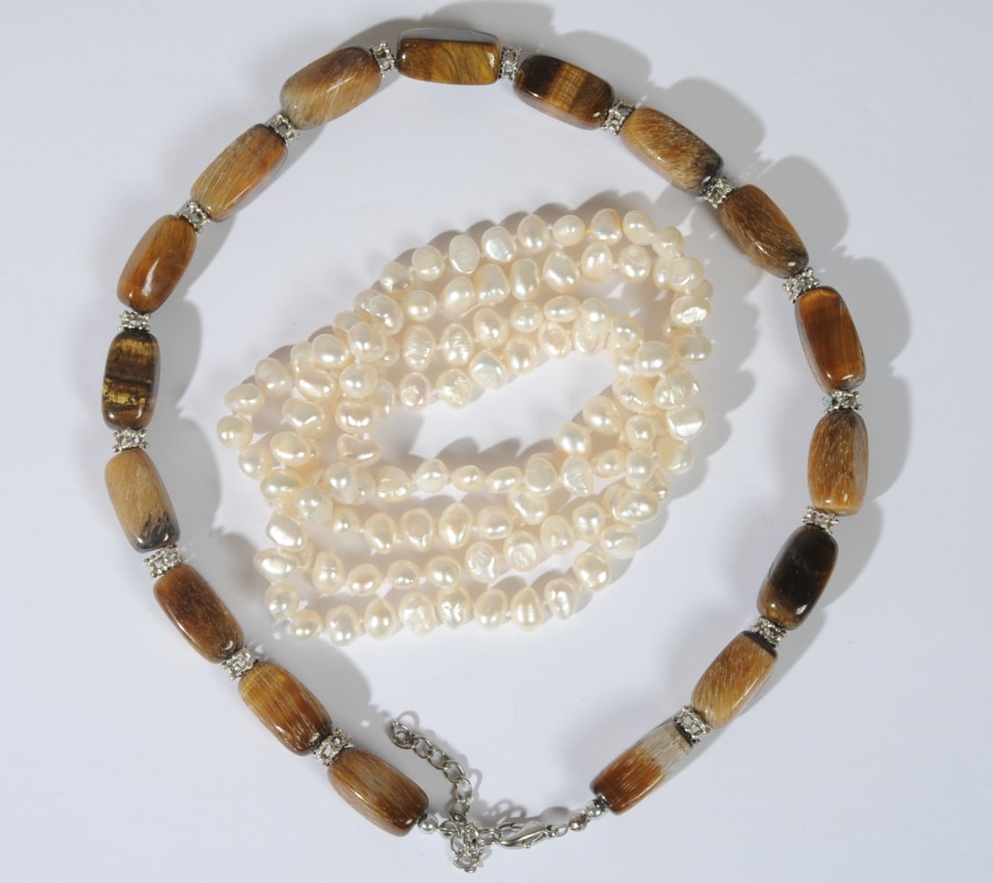 2 Necklaces, Baroque Cultured Pearls and Tiger Eye: Longest: approx. 34".