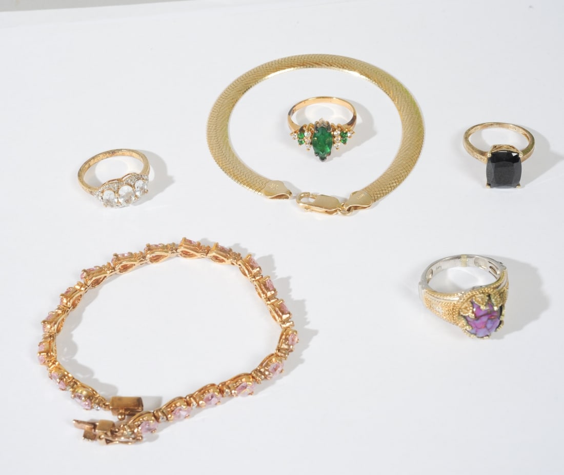 Mixed Grouping Sterling & Gemstone Jewelry: Includes two bracelets and three rings. Together with anothe ring marked "Karis". All in as-found condition.