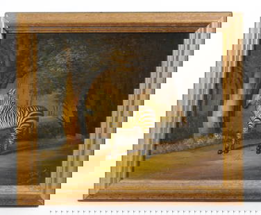 Painting of Zebra after George Stubbs: Framed late 20th C. oil on canvas painting of a zebra in a forest landscape, after the original by English painter George Stubbs, (1774-1806.) Frame approx. 14 1/4" x 12 1/4". Sight, approx. 11 1/2" x