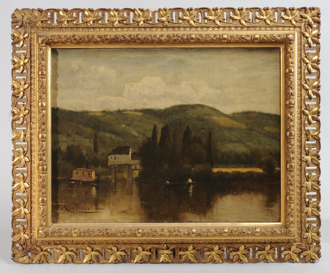 Achille Oudinot (France, 1820 - 1891): Oil on canvas landscape with lake and dwellings by Barbizon school artist and student of Jean-Baptiste-Camille Corot, Achille Francis Oudinot. Signed lower left: A. Oudinot (or Oudimot.) Canvas reline