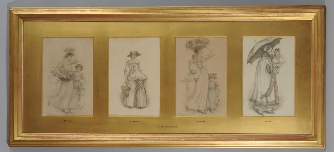 Kate Greenaway (English, 1846 - 1901): Four original drawings representing the four seasons by Kate Greenaway, for Kate Greenaway's Almanack for 1893, published by George Routledge & Sons, London, 1892. Each graphite and watercolor drawing