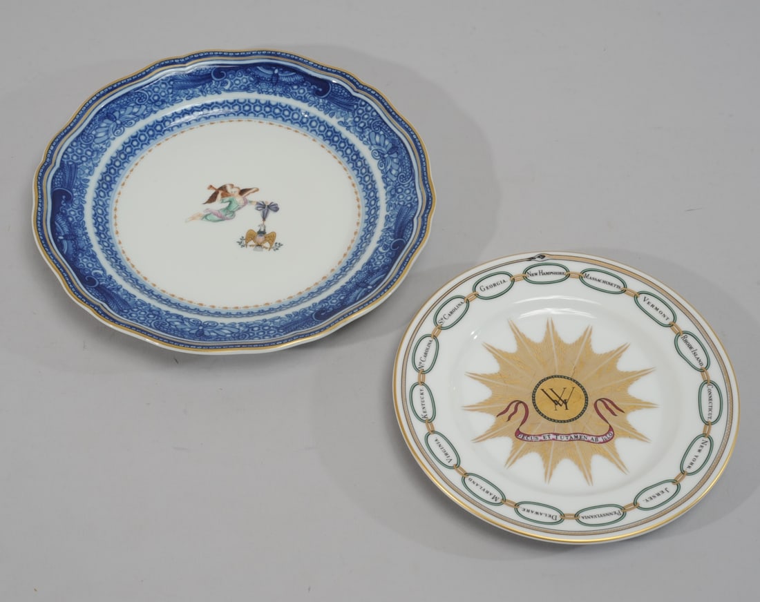 Mottahedeh for Winterthur Society of Cincinnati +: Reproduction 18th C. Society of the Cincinnati plate as used by George Washington, by Mottahedeh (Vista Alegre, Portugal) for Winterthur, With insignia of the Society finely painted in enamels and gil