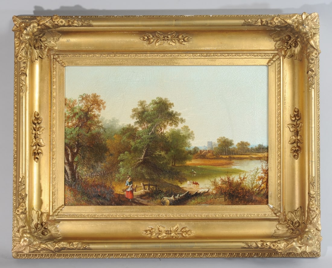 19th C. European Oil Painting Landscape w/ Cows (1 of 5)