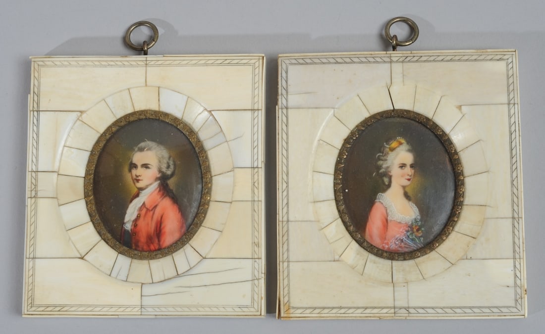 Portrait Miniatures of Mozart & Constanza Weber: Pair of Grand Tour French portrait miniatures in bone tile frames of Wolfgang Amadeus Mozart and his wife, Constanza Weber. Both illegibly signed, lower right. Each frame approx. 4 1/2" x 4 3/16. The