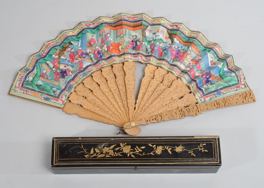 19th C. Chinese Canton Painted Fan & Lacquer Box (1 of 9)