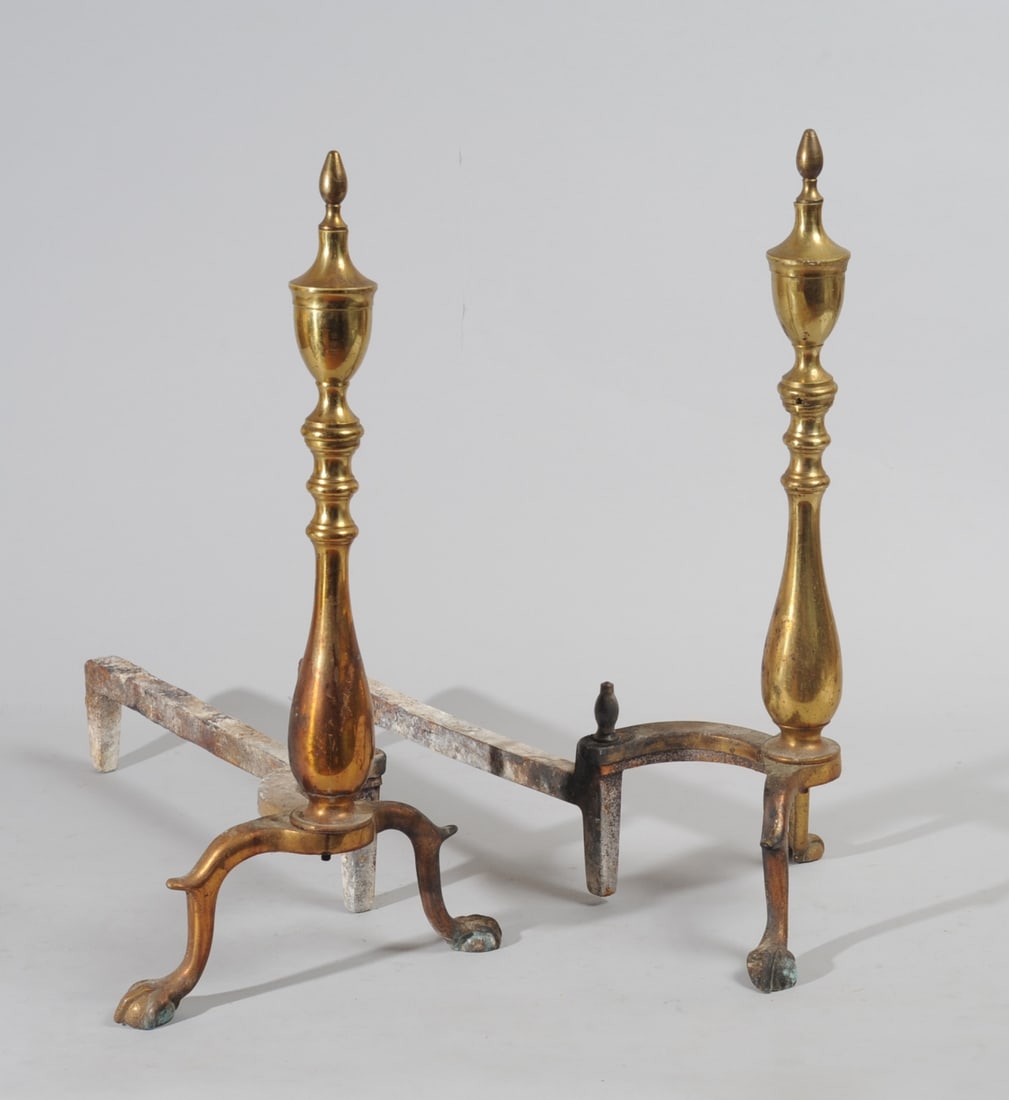 Pair of Chippendale Style Brass Andirons: No visible maker's marks, wear from age and use. Approx. 18 3/4" x 17" x 9 1/2".