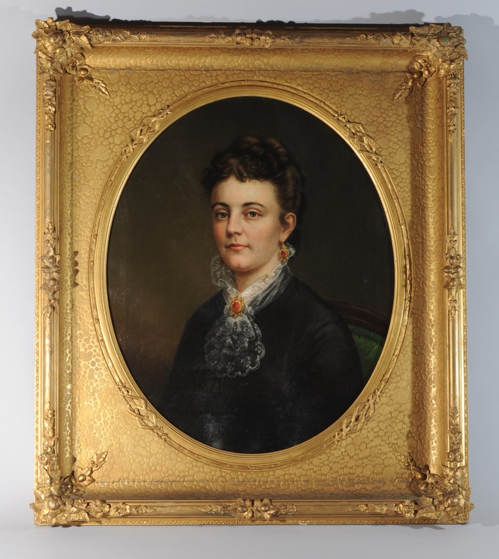 c.1868 Portrait of Lucy Cole Boutwell McKinney: Oil on canvas portrait of Lucy Cole Boutwell McKinney (1848-1938) painted in 1868, two years after her marriage to Albert Ewing McKinney, (please see lot 168.) A narrative of provenance taped to the b