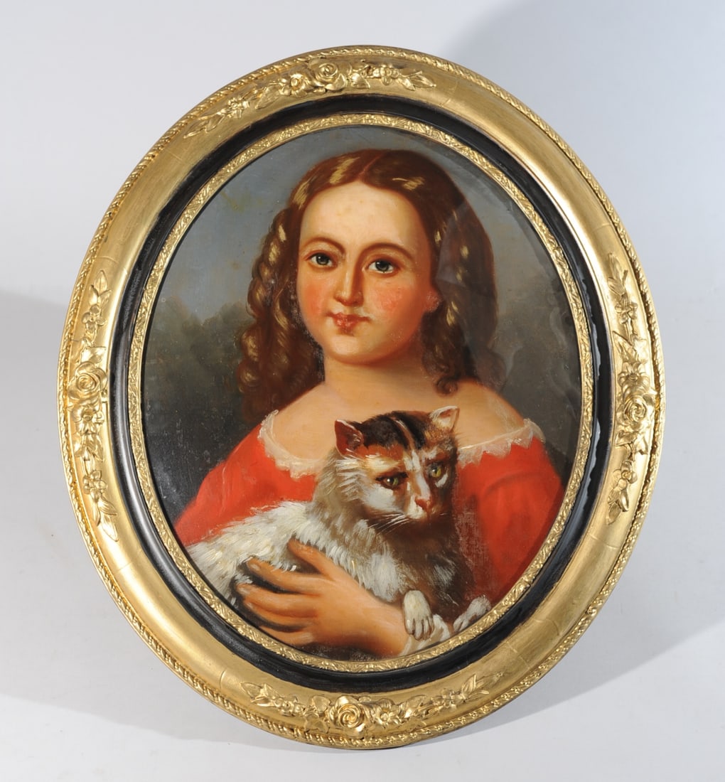 19th C. Reverse Painting on Glass, Girl w/ Cat (1 of 5)