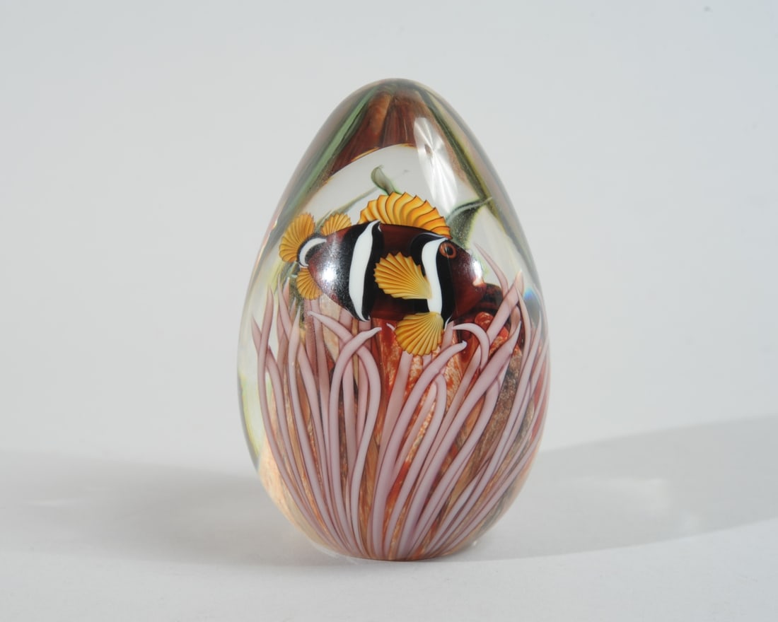 Orient & Flume Bruce Sillars Paperweight: Ovoid paperweight with cased tropical fish and waterplants. Signed to base: Orient & Flume / Sillars and numbered 107/250, with additional number 0602N93078. Approx. 4 1/2" H.