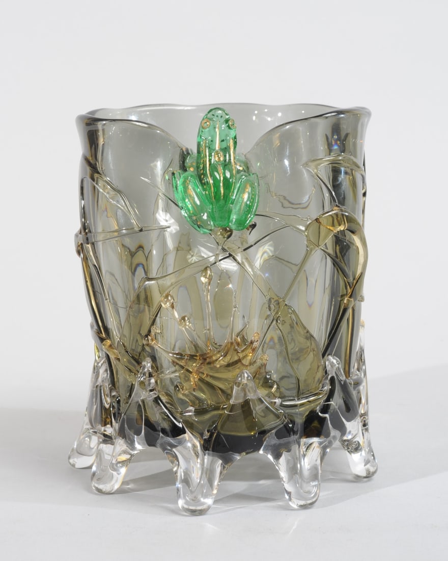 Stevens & Williams Art Glass Vase: Cylindrical vase ,the applied feet giving the impression of splashing water, a green glass frog with gold detail seeming to weight down the pinched-in lip. No mark found. No chips, cracks or other iss