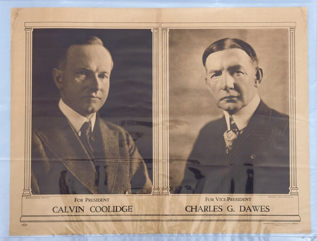 Calvin Coolidge & Charles Dawes Campaign Print: Gravure Branch, Lanman Engraving Company Washington DC. Allied Printing / Union Label Washington DC mark to lower left, unframed, tape down the middle, some water damage to upper left and right / in a