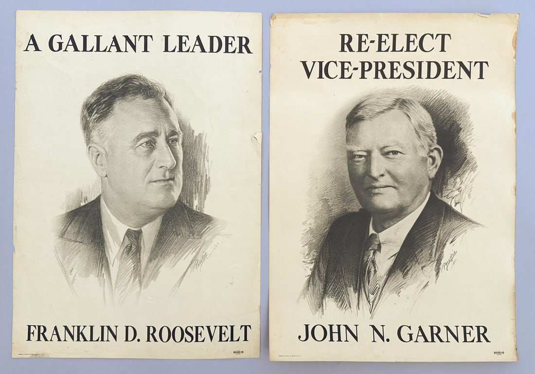Franklin Delano Roosevelt & John N. Garner Lithos: "A Gallant Leader / Franklin D. Roosevelt" and "Re-Elect Vice President / John N. Garner", Sweeney Litho Co. Inc. , with L.I.P.&B.A. Union Label New York mark, minor wear and tears, unframed. Approx. 
