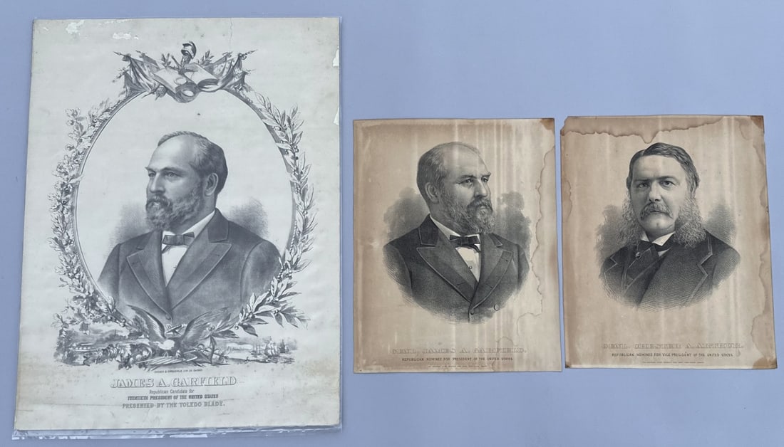 James A. Garfield & Chester A. Arthur Grouping: Large lithograph pasted to Bristol board "James A. Garfield Republican Candidate for Twentieth President of the United States presented by The Toledo Blade." published by Shober & Carqueville Lith. Co