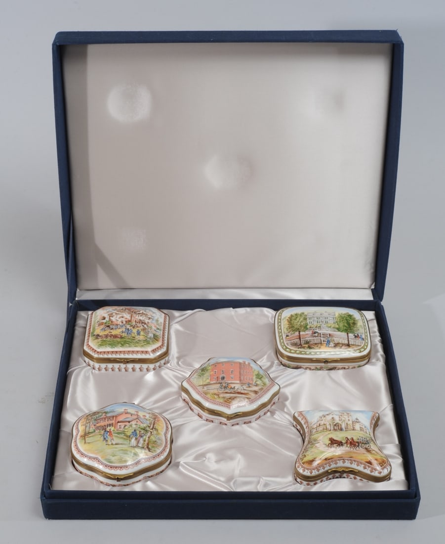 Limited Edition National Trust Trinket Box Set: All numbered 730/2500, a limited edition set from National Trust Historic Preservation made by Porcelaine De Paris, together in fitted case, including "Cliveden", "Shadows on-the-Teche", "Decatur Hous